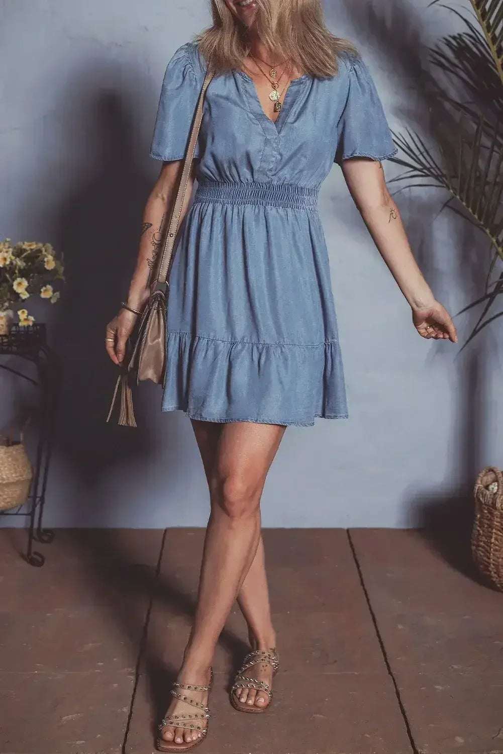 Ashleigh Blue Ruffle V Neck Smocked High Waist Denim Mini Dress