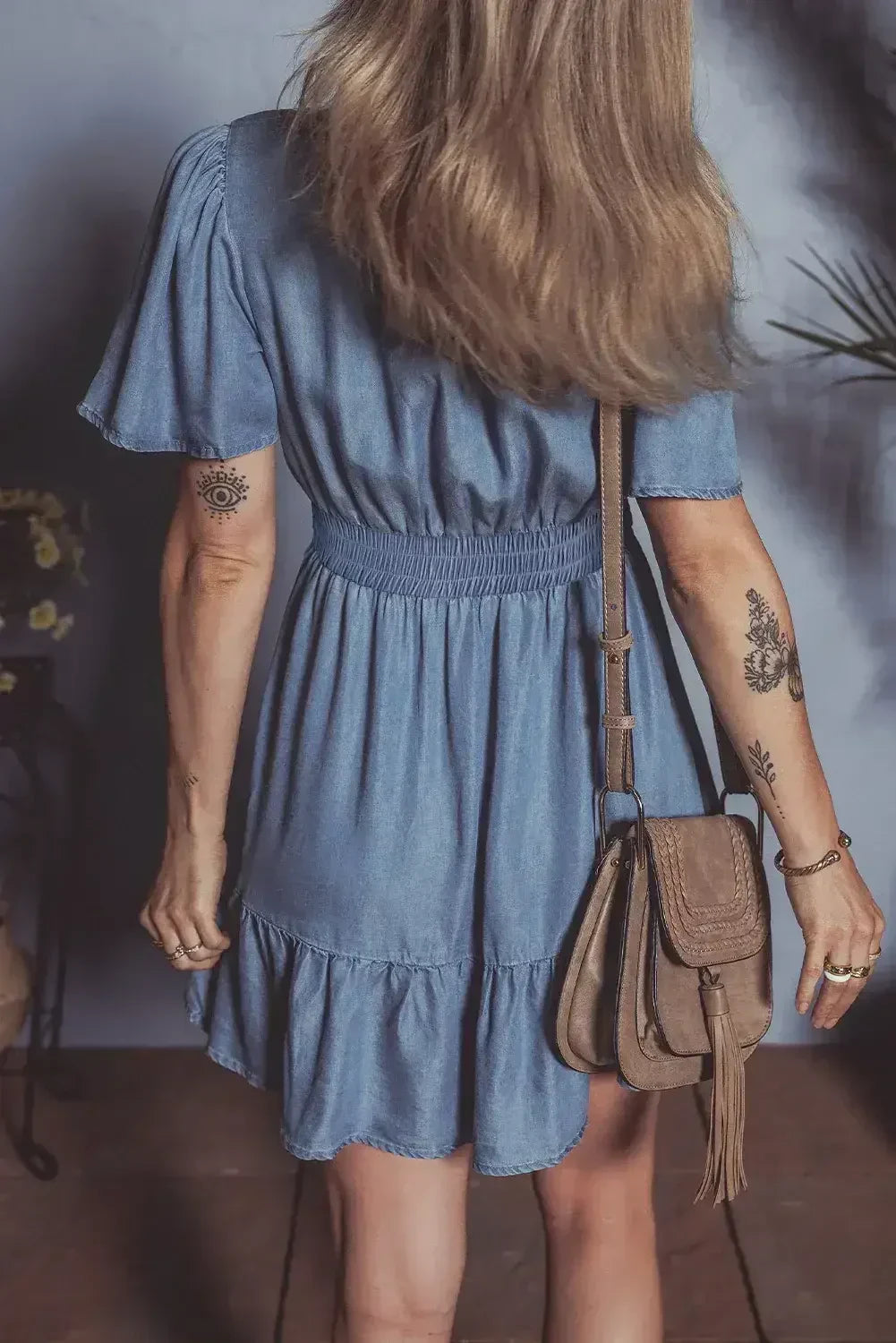 Ashleigh Blue Ruffle V Neck Smocked High Waist Denim Mini Dress