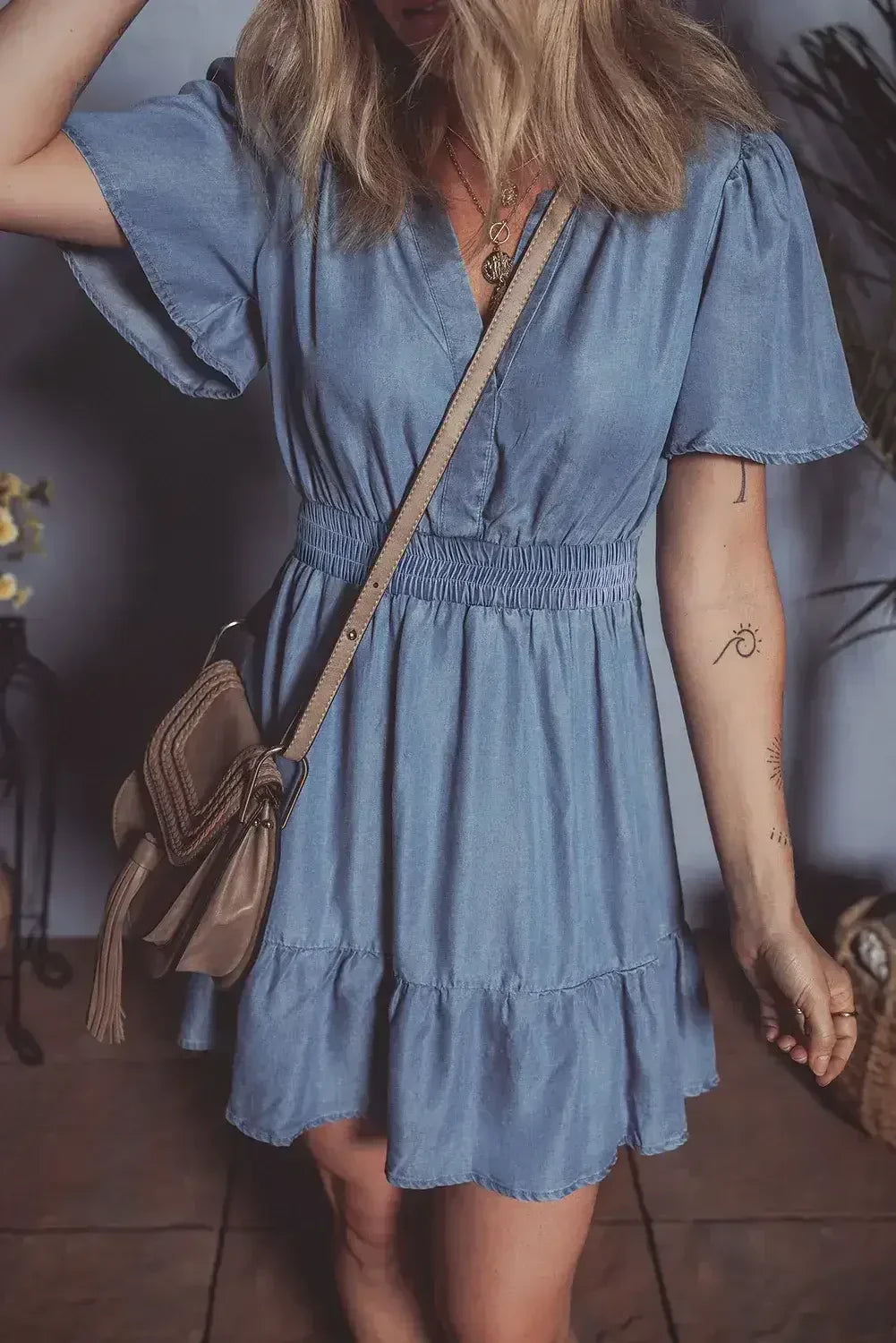 Ashleigh Blue Ruffle V Neck Smocked High Waist Denim Mini Dress