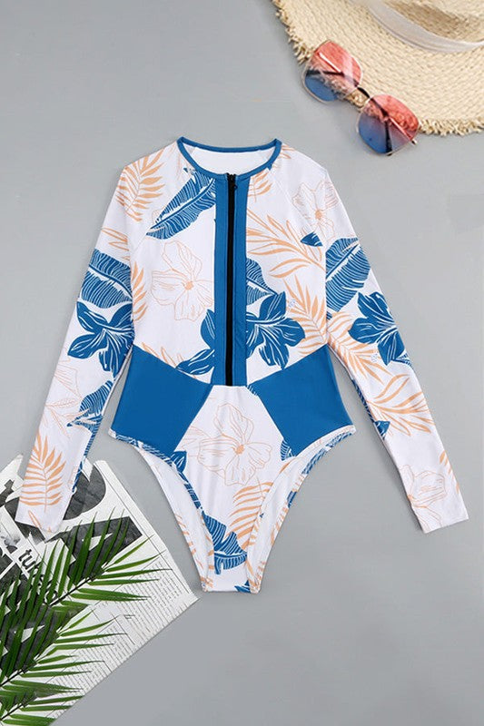Blue Tropical LongSleeve OnePiece Surfing Swimsuit