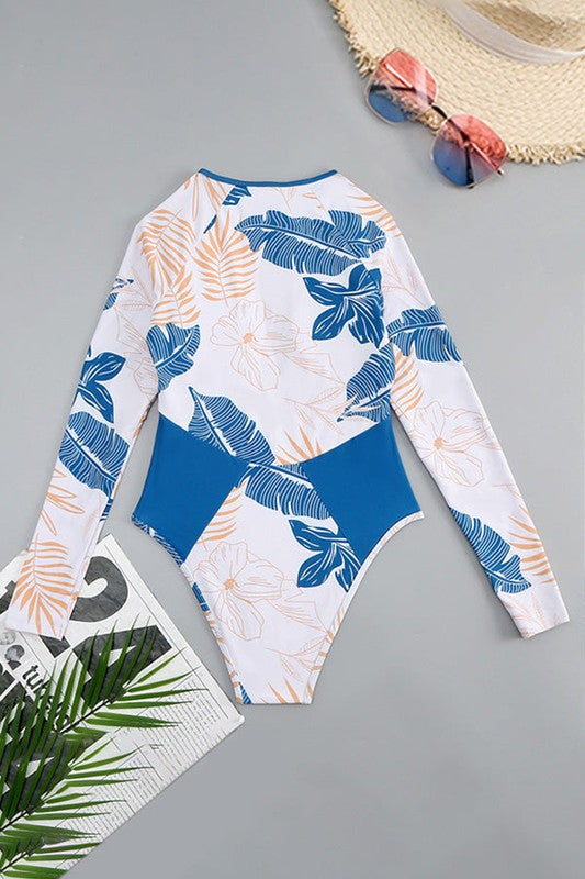 Blue Tropical LongSleeve OnePiece Surfing Swimsuit
