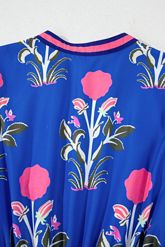 Blue Floral Ruffle Hem Pop of Color Neckline Dress