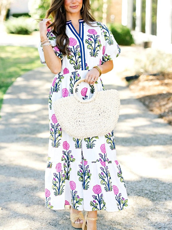 Blue Floral Ruffle Hem Pop of Color Neckline Dress