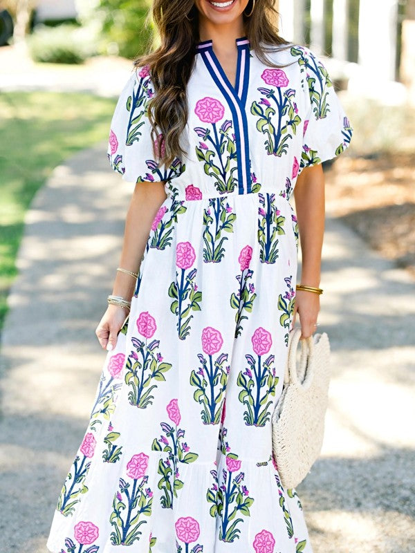 Blue Floral Ruffle Hem Pop of Color Neckline Dress