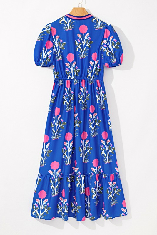 Blue Floral Ruffle Hem Pop of Color Neckline Dress
