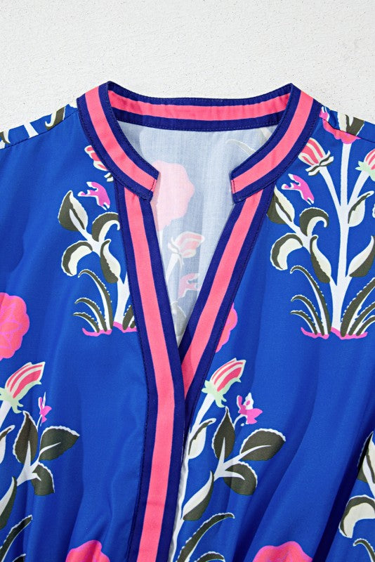 Blue Floral Ruffle Hem Pop of Color Neckline Dress