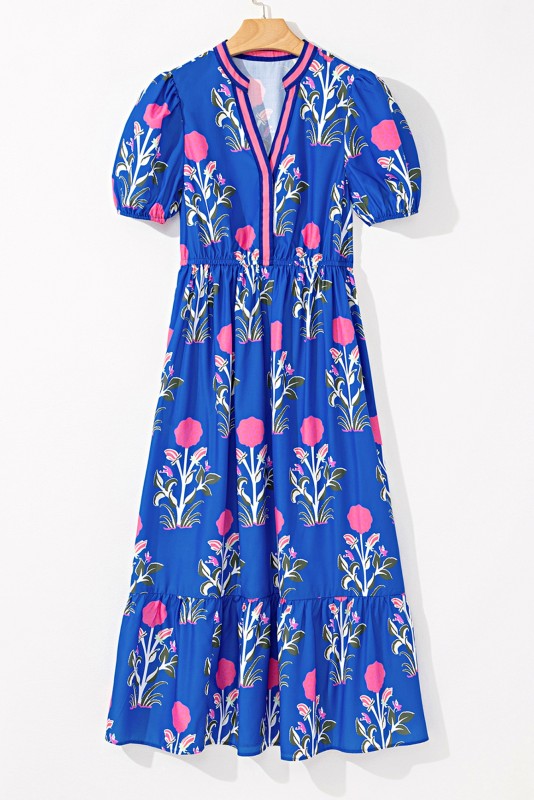 Blue Floral Ruffle Hem Pop of Color Neckline Dress
