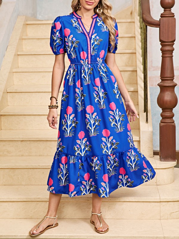 Blue Floral Ruffle Hem Pop of Color Neckline Dress