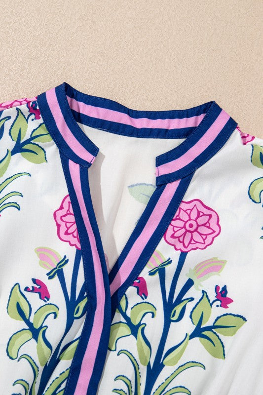 Blue Floral Ruffle Hem Pop of Color Neckline Dress