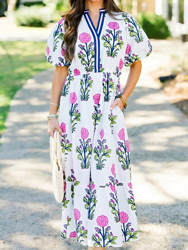 Blue Floral Ruffle Hem Pop of Color Neckline Dress