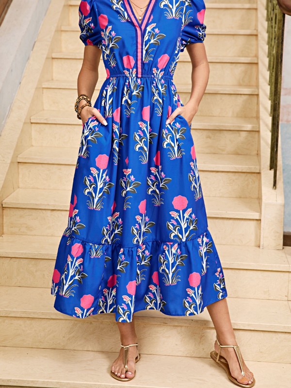 Blue Floral Ruffle Hem Pop of Color Neckline Dress