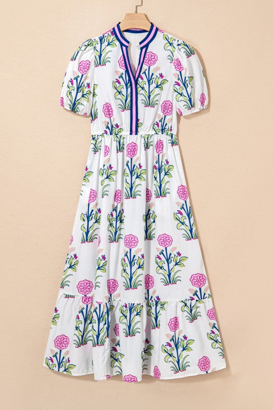 Blue Floral Ruffle Hem Pop of Color Neckline Dress