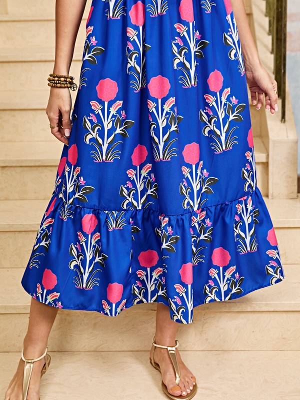 Blue Floral Ruffle Hem Pop of Color Neckline Dress