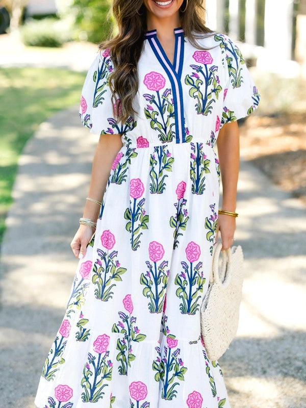 Blue Floral Ruffle Hem Pop of Color Neckline Dress