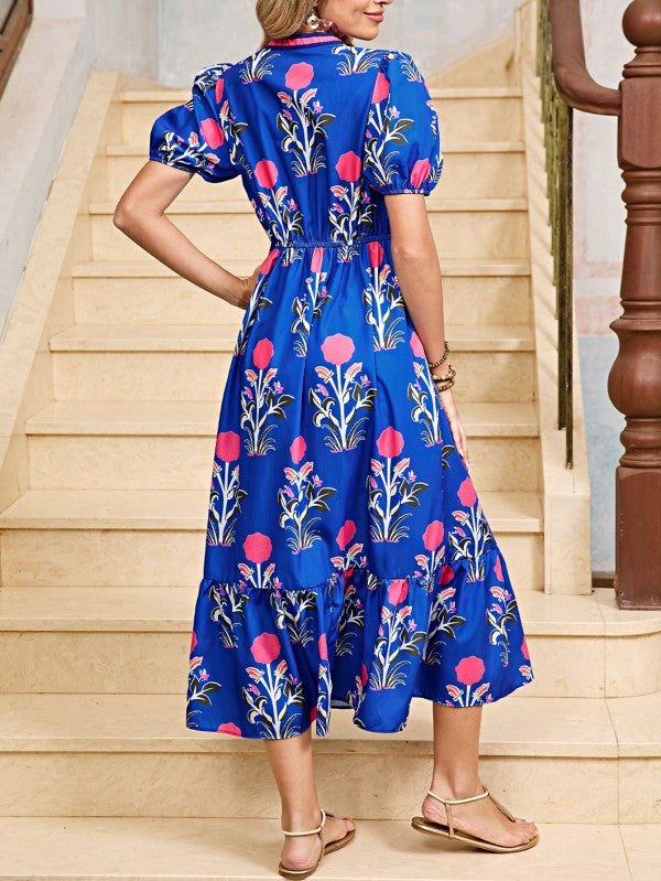 Blue Floral Ruffle Hem Pop of Color Neckline Dress
