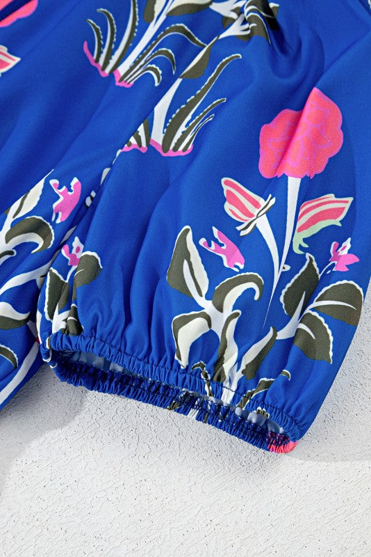 Blue Floral Ruffle Hem Pop of Color Neckline Dress