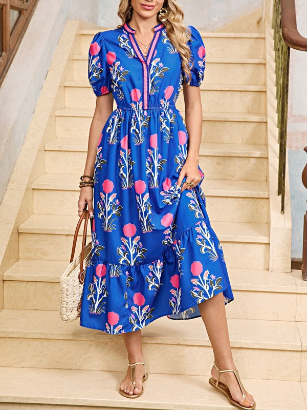 Blue Floral Ruffle Hem Pop of Color Neckline Dress