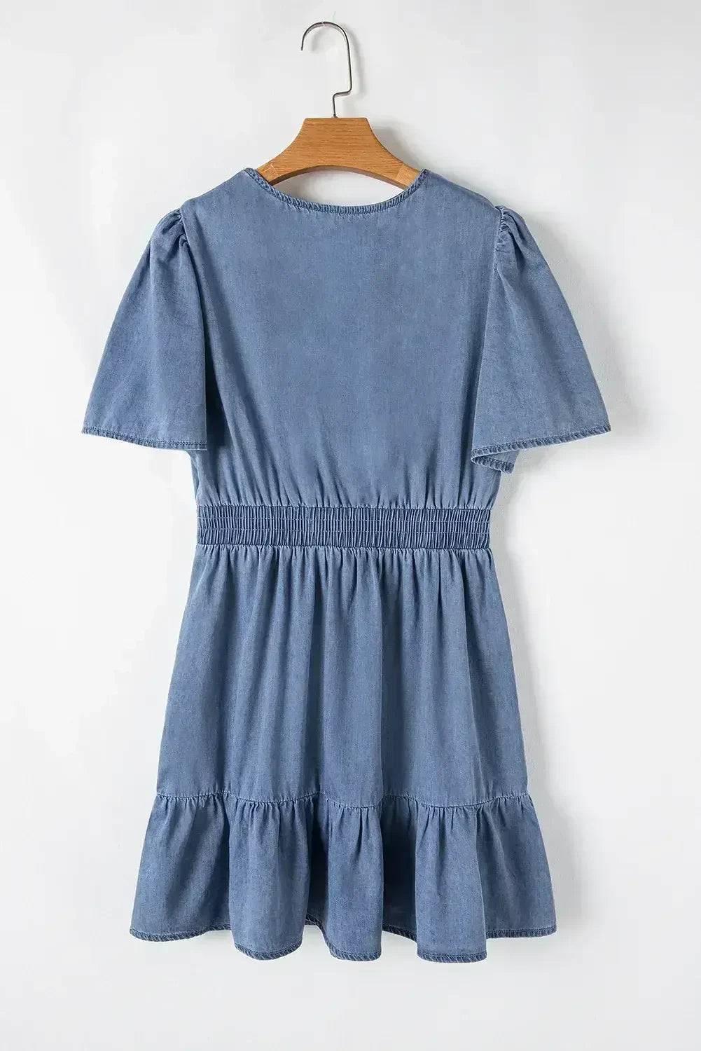 Ashleigh Blue Ruffle V Neck Smocked High Waist Denim Mini Dress