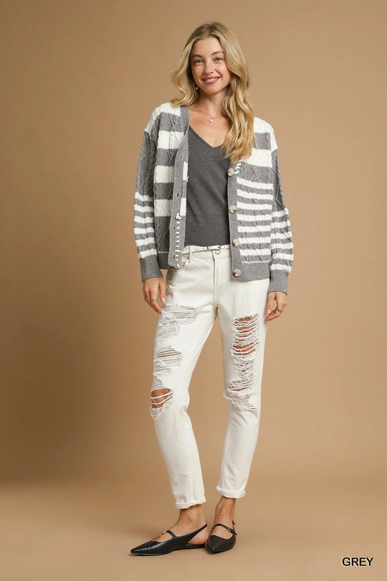 Cable-Knit Stripe Button-Up Cardigan
