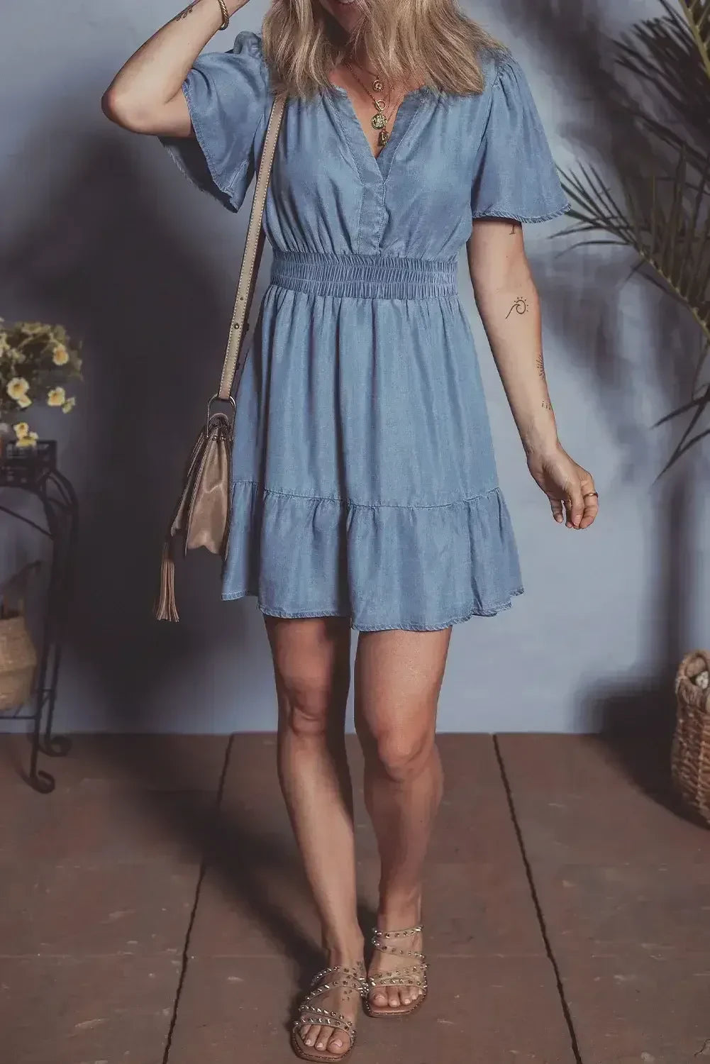 Ashleigh Blue Ruffle V Neck Smocked High Waist Denim Mini Dress