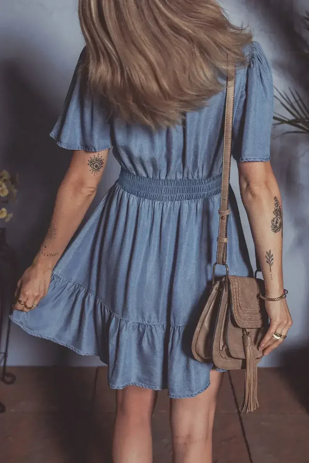 Ashleigh Blue Ruffle V Neck Smocked High Waist Denim Mini Dress