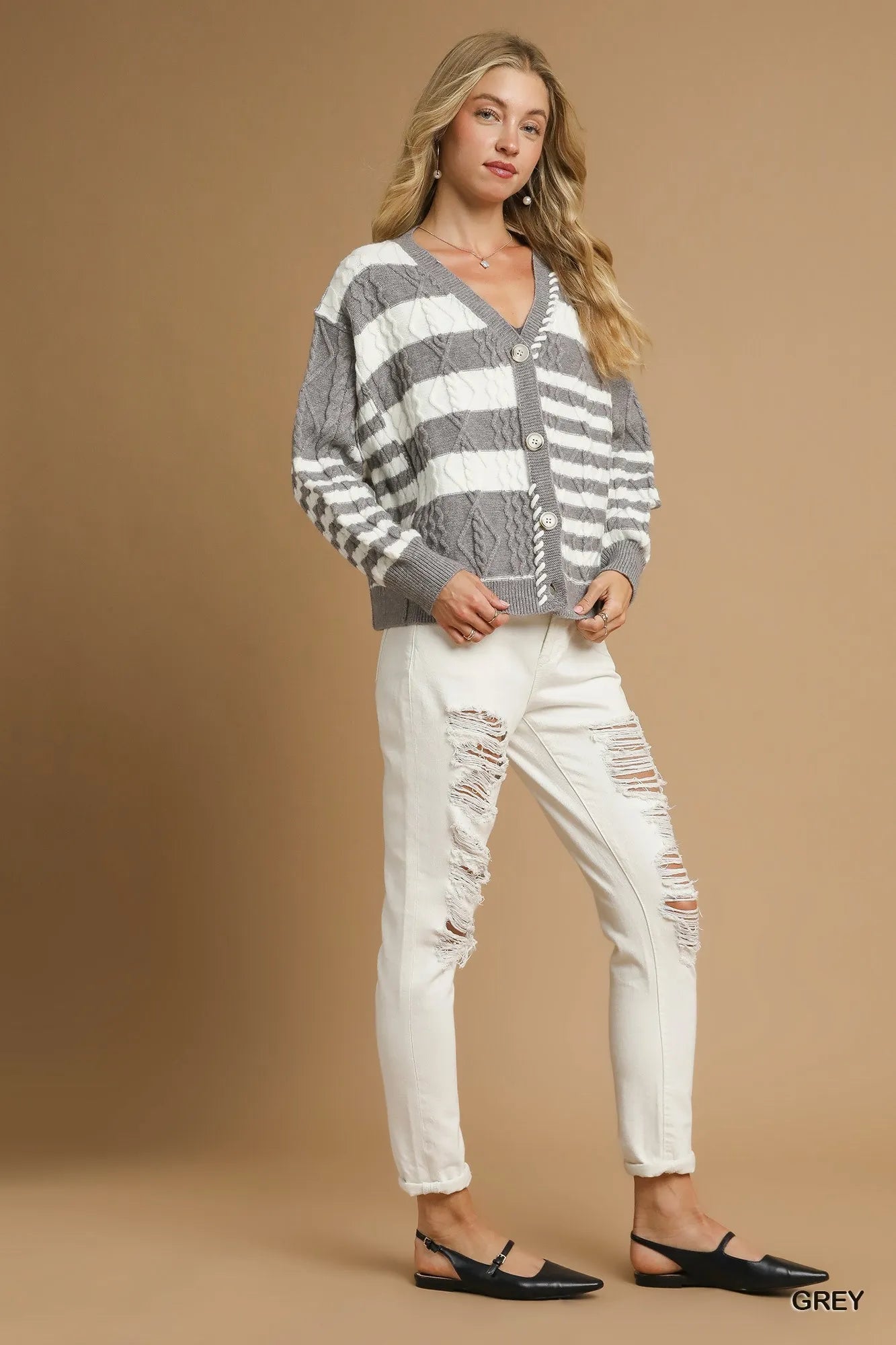 Cable-Knit Stripe Button-Up Cardigan