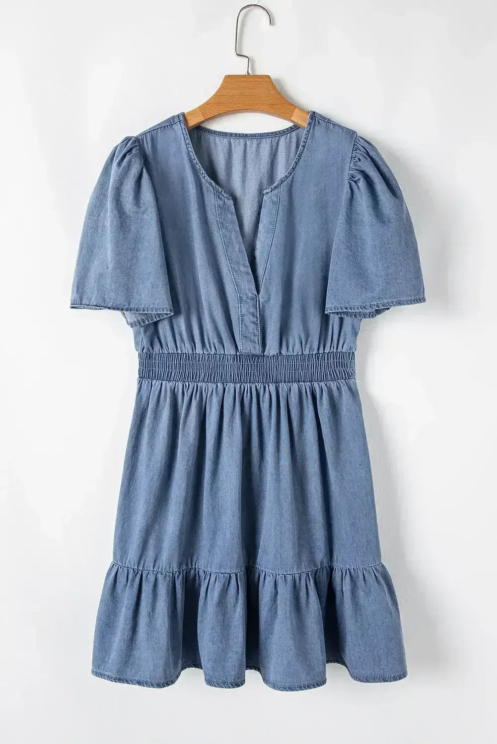 Ashleigh Blue Ruffle V Neck Smocked High Waist Denim Mini Dress