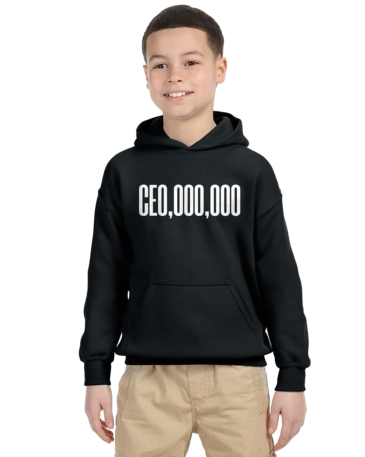 Child wearing a black hoodie with 'CEO,000,000' text, representing fun and playful fashion for kids.