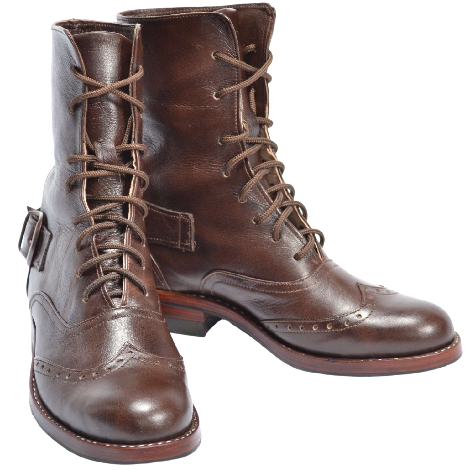 Brown leather lace-up boots with belt detail, perfect for stylish comfort in any season.