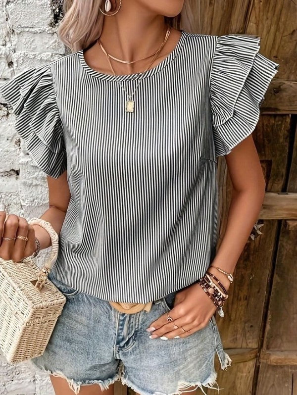 Striped ruffle sleeve blouse