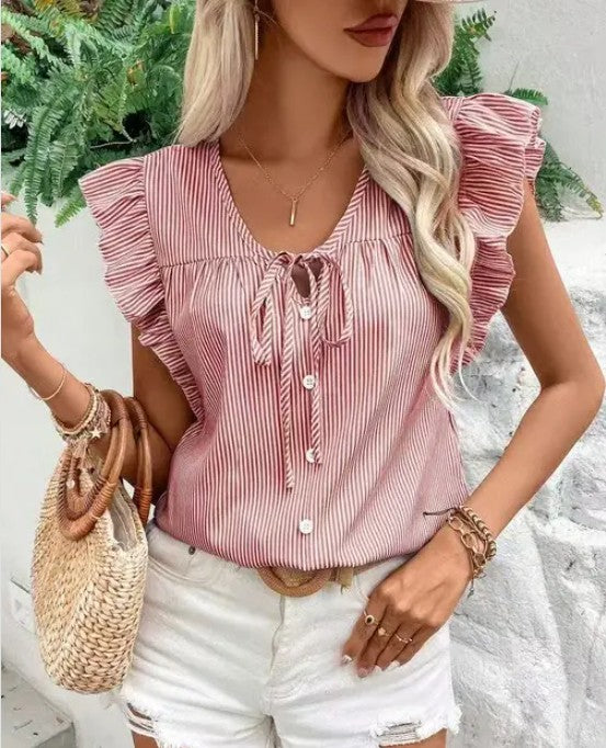Striped ruffle tie front blouse