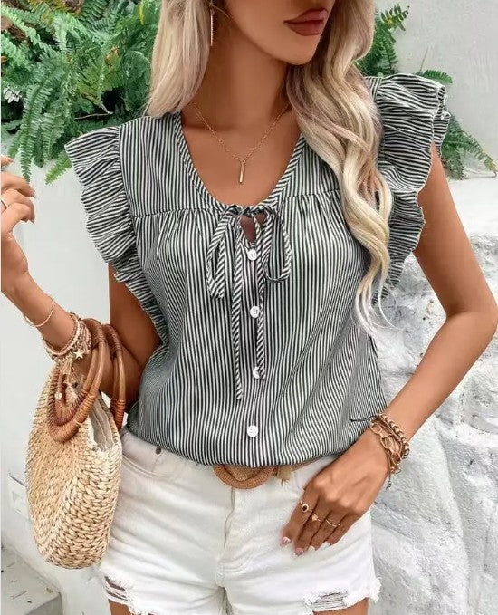 Striped ruffle tie front blouse