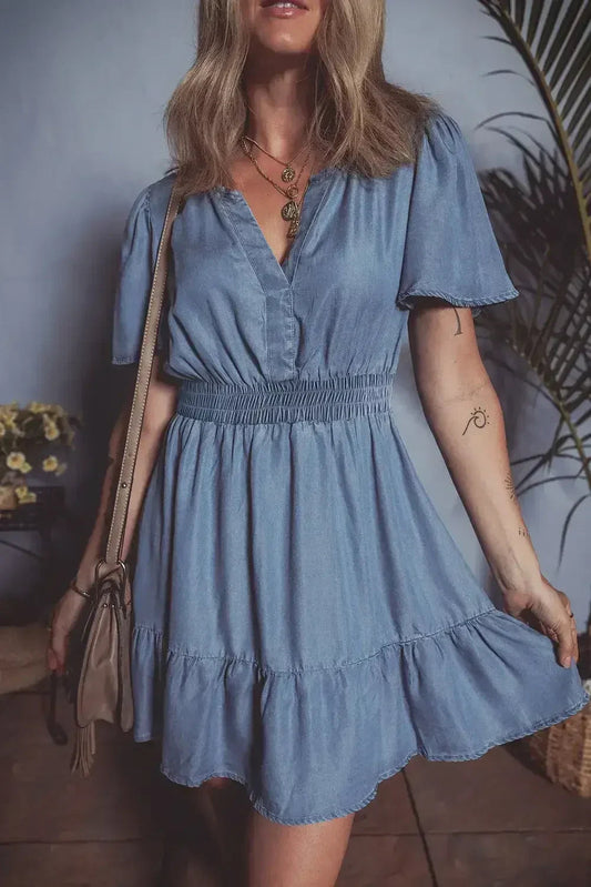 Ashleigh Blue Ruffle V Neck Smocked High Waist Denim Mini Dress